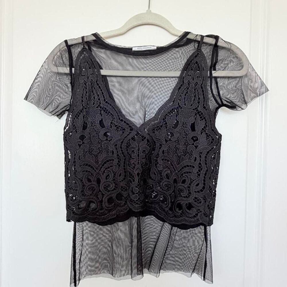 Zara Women's Black Lace Floral Embroidery Crop Top Size S - Picture 3 of 7